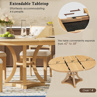 TREXM 5 - Piece Retro Functional Dining Table Set Extendable Round Table and 4 Upholstered Chairs for Dining Room and Living Room (Natural) - 1st Choice Furniture Direct