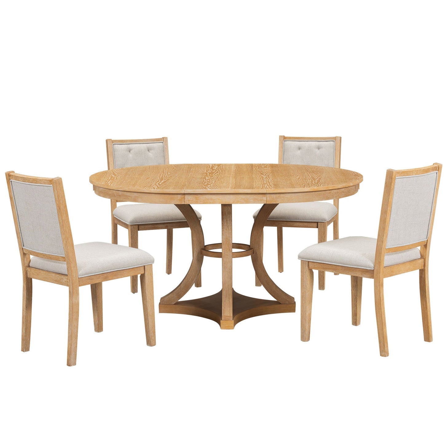 TREXM 5 - Piece Retro Functional Dining Table Set Extendable Round Table and 4 Upholstered Chairs for Dining Room and Living Room (Natural) - 1st Choice Furniture Direct