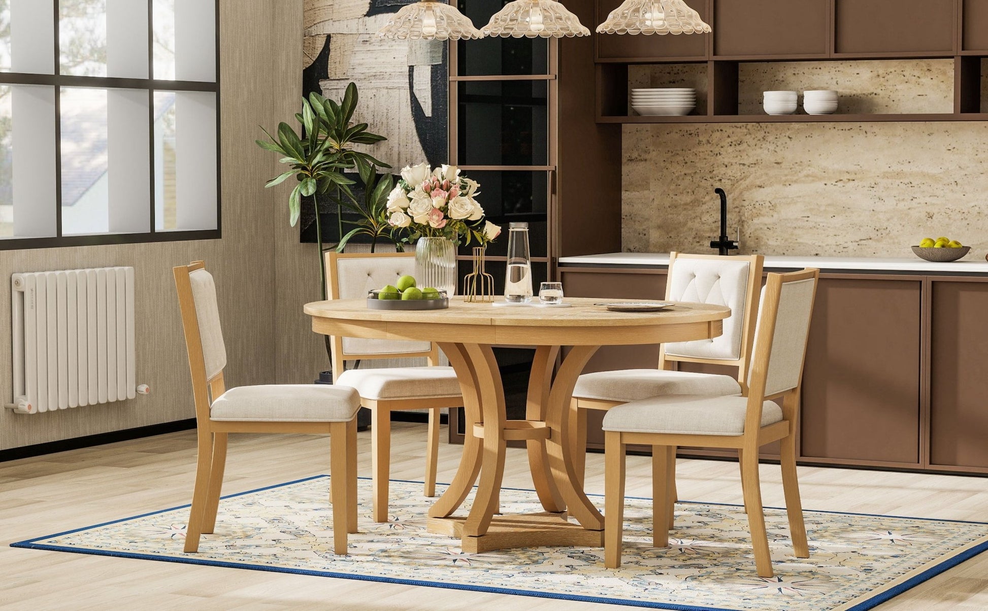 TREXM 5 - Piece Retro Functional Dining Table Set Extendable Round Table and 4 Upholstered Chairs for Dining Room and Living Room (Natural) - 1st Choice Furniture Direct