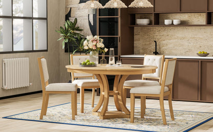 TREXM 5 - Piece Retro Functional Dining Table Set Extendable Round Table and 4 Upholstered Chairs for Dining Room and Living Room (Natural) - 1st Choice Furniture Direct