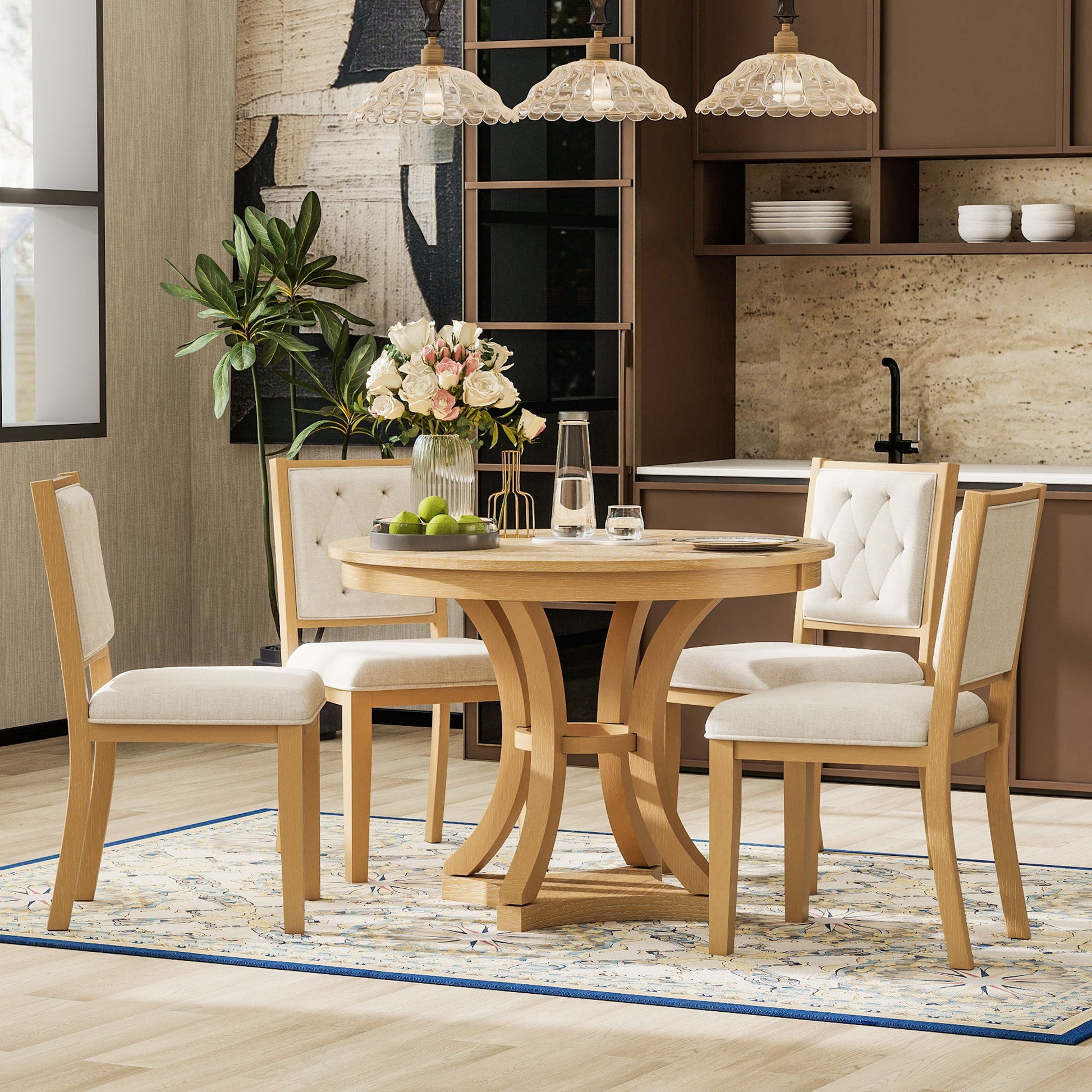 TREXM 5 - Piece Retro Functional Dining Table Set Extendable Round Table and 4 Upholstered Chairs for Dining Room and Living Room (Natural) - 1st Choice Furniture Direct