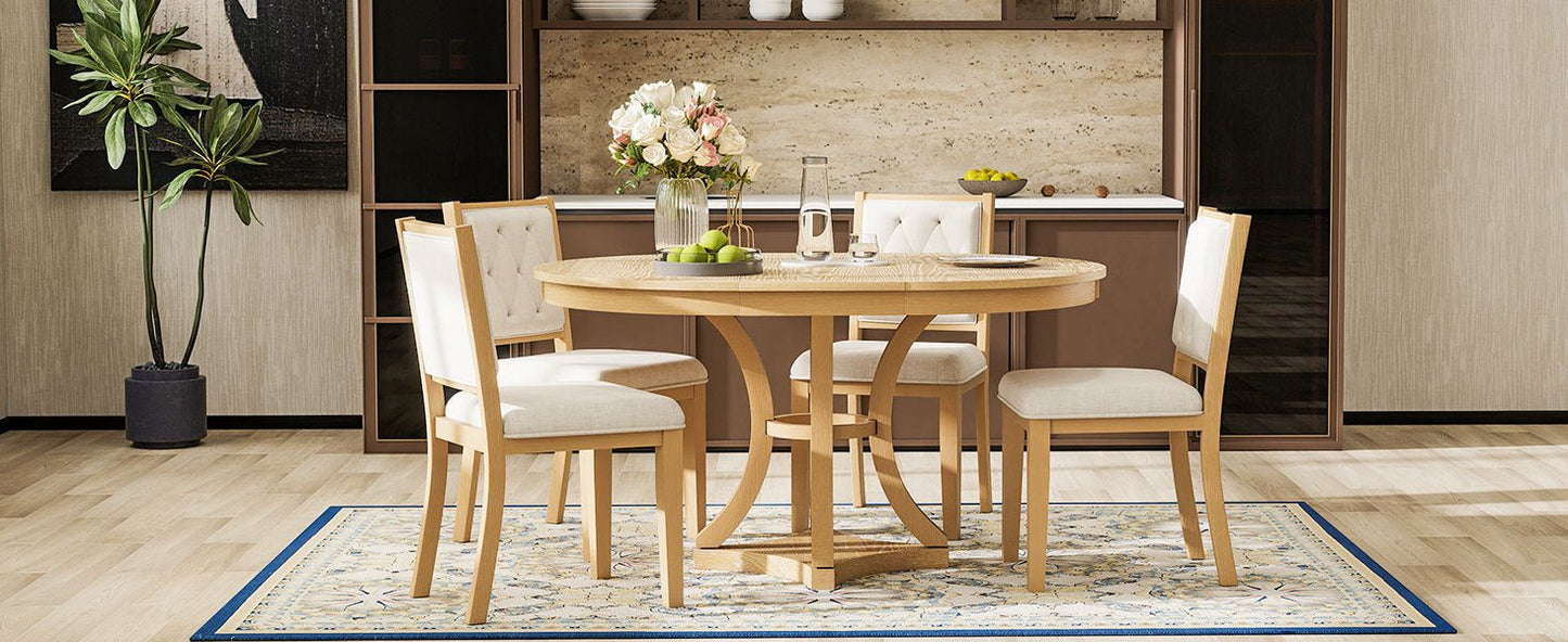 TREXM 5 - Piece Retro Functional Dining Table Set Extendable Round Table and 4 Upholstered Chairs for Dining Room and Living Room (Natural) - 1st Choice Furniture Direct