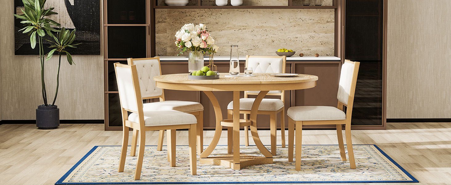 TREXM 5 - Piece Retro Functional Dining Table Set Extendable Round Table and 4 Upholstered Chairs for Dining Room and Living Room (Natural) - 1st Choice Furniture Direct