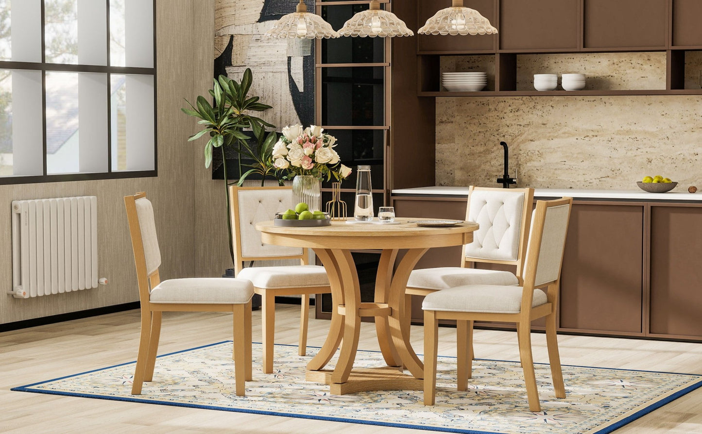 TREXM 5 - Piece Retro Functional Dining Table Set Extendable Round Table and 4 Upholstered Chairs for Dining Room and Living Room (Natural) - 1st Choice Furniture Direct