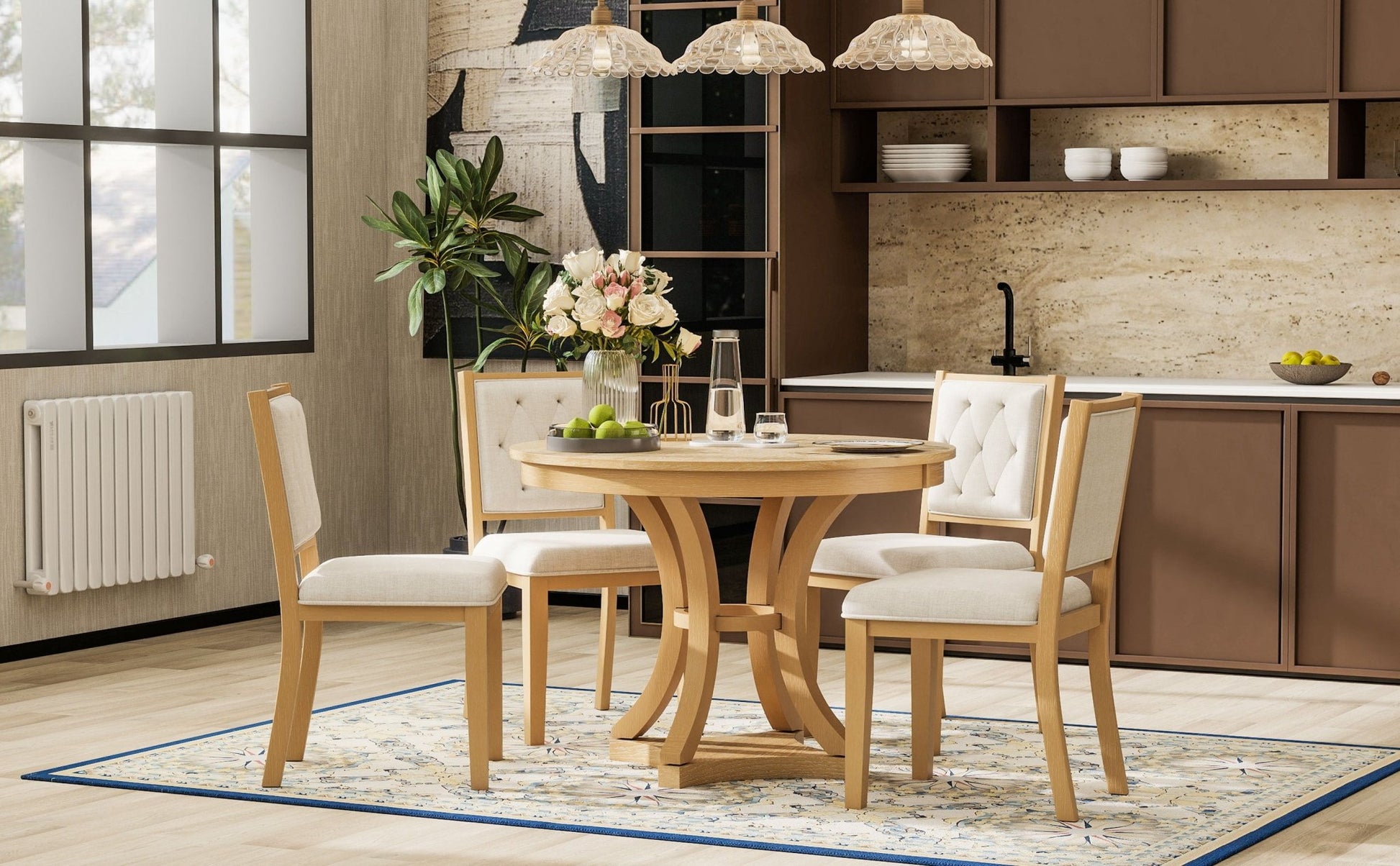 TREXM 5 - Piece Retro Functional Dining Table Set Extendable Round Table and 4 Upholstered Chairs for Dining Room and Living Room (Natural) - 1st Choice Furniture Direct