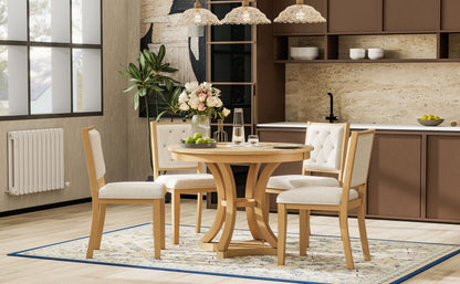 TREXM 5 - Piece Retro Functional Dining Table Set Extendable Round Table and 4 Upholstered Chairs for Dining Room and Living Room (Natural) - 1st Choice Furniture Direct