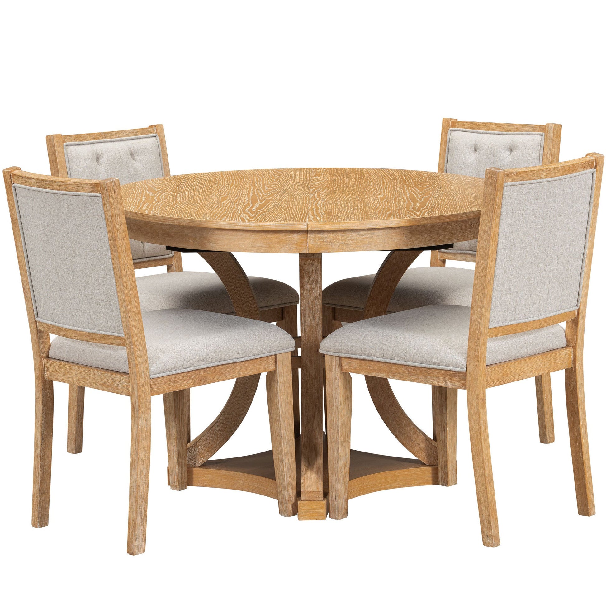 TREXM 5 - Piece Retro Functional Dining Table Set Extendable Round Table and 4 Upholstered Chairs for Dining Room and Living Room (Natural) - 1st Choice Furniture Direct
