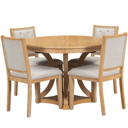 TREXM 5 - Piece Retro Functional Dining Table Set Extendable Round Table and 4 Upholstered Chairs for Dining Room and Living Room (Natural) - 1st Choice Furniture Direct