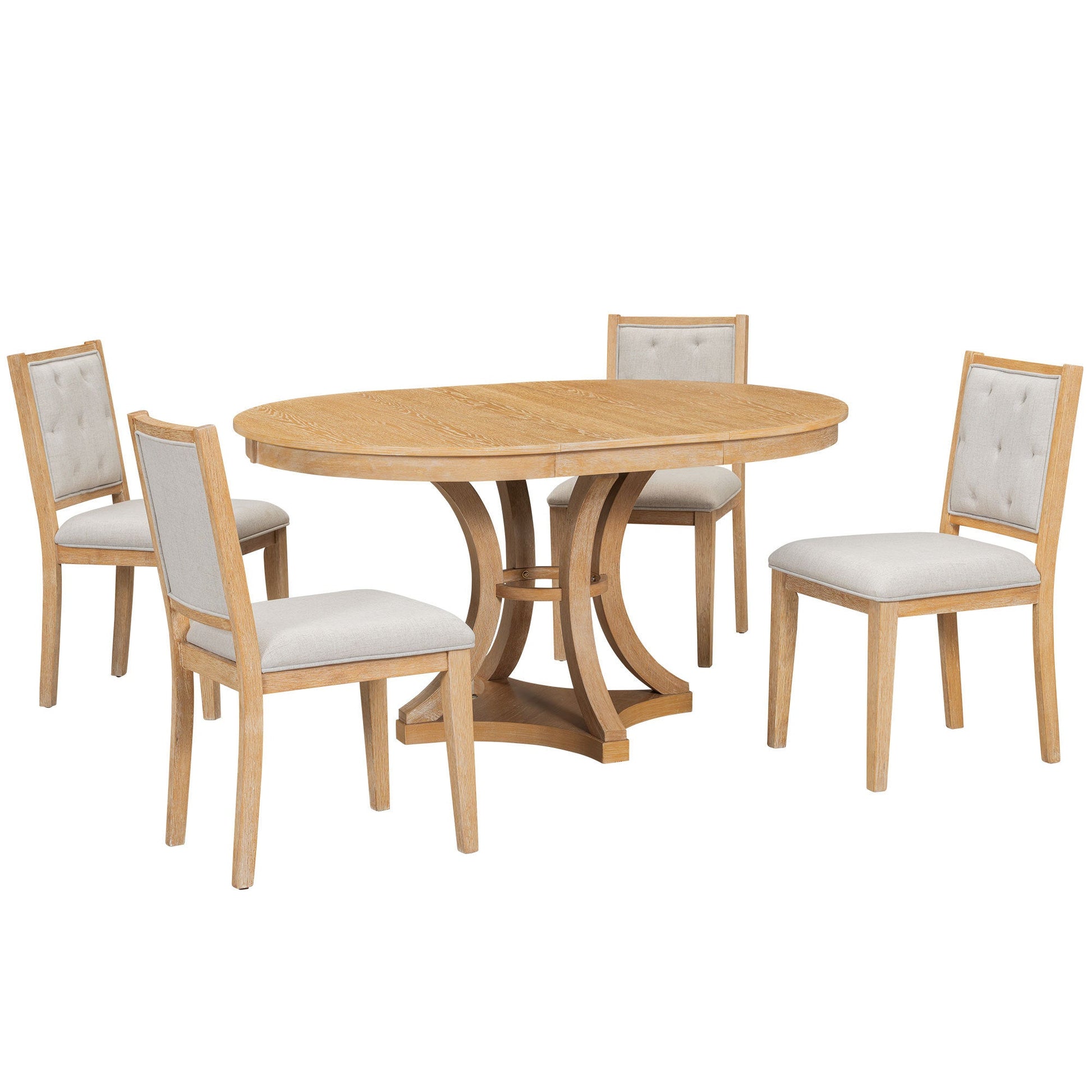 TREXM 5 - Piece Retro Functional Dining Table Set Extendable Round Table and 4 Upholstered Chairs for Dining Room and Living Room (Natural) - 1st Choice Furniture Direct
