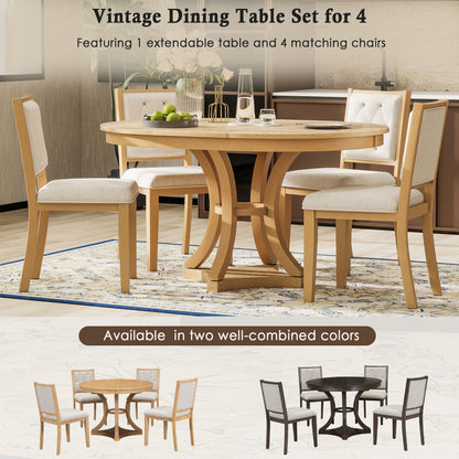 TREXM 5 - Piece Retro Functional Dining Table Set Extendable Round Table and 4 Upholstered Chairs for Dining Room and Living Room (Natural) - 1st Choice Furniture Direct