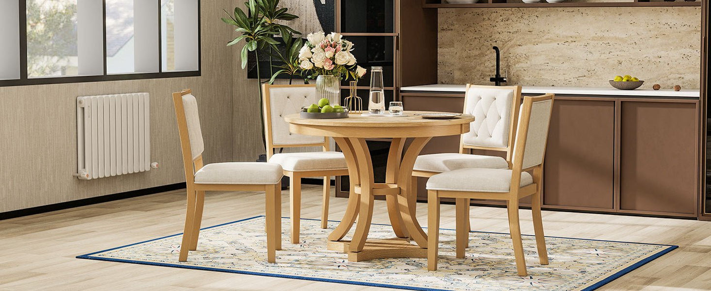 TREXM 5 - Piece Retro Functional Dining Table Set Extendable Round Table and 4 Upholstered Chairs for Dining Room and Living Room (Natural) - 1st Choice Furniture Direct