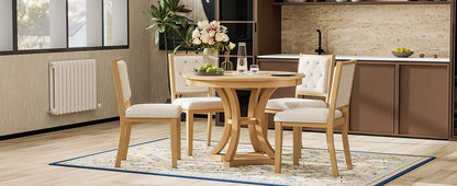 TREXM 5 - Piece Retro Functional Dining Table Set Extendable Round Table and 4 Upholstered Chairs for Dining Room and Living Room (Natural) - 1st Choice Furniture Direct