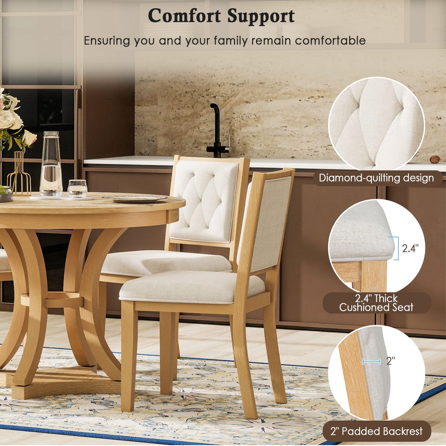 TREXM 5 - Piece Retro Functional Dining Table Set Extendable Round Table and 4 Upholstered Chairs for Dining Room and Living Room (Natural) - 1st Choice Furniture Direct
