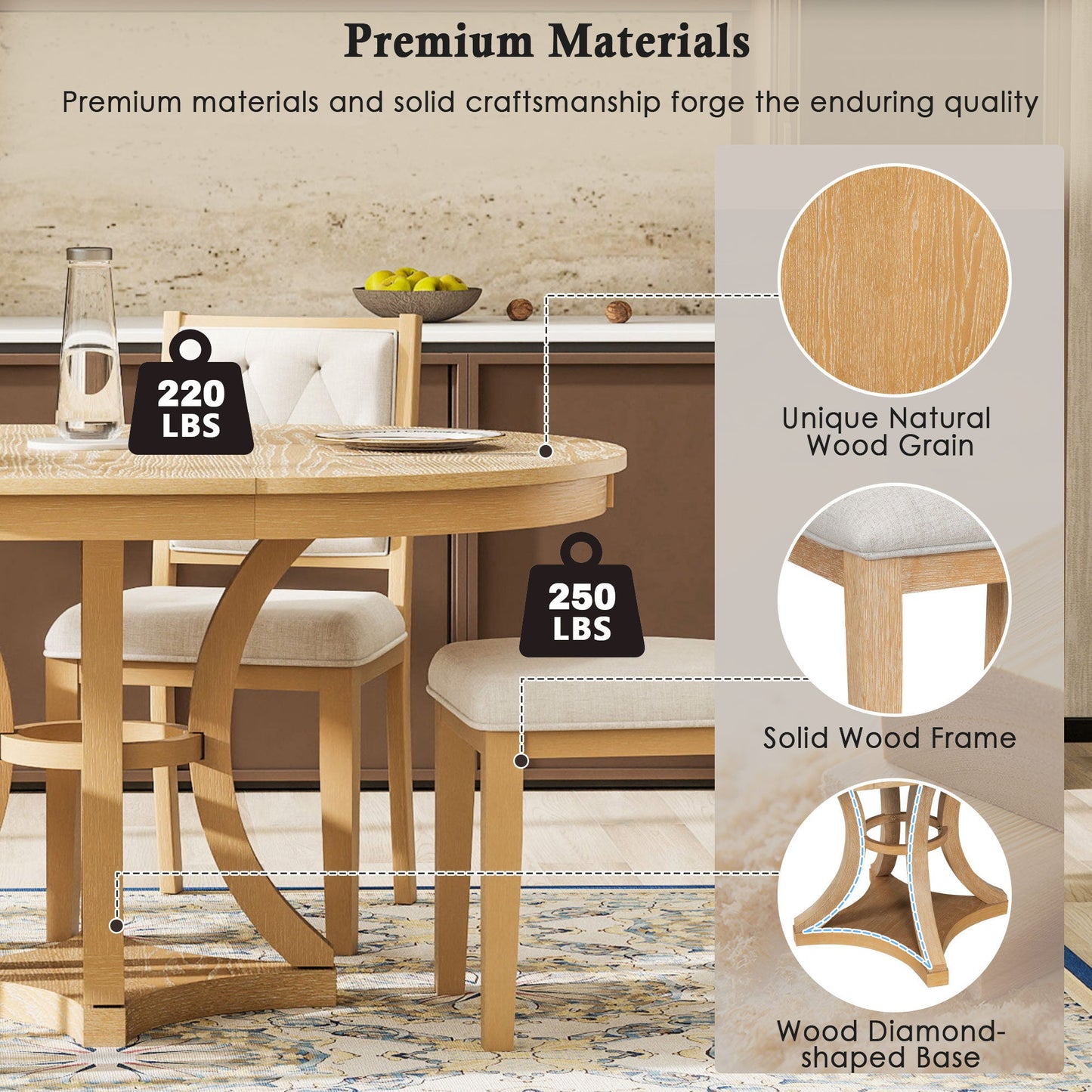 TREXM 5 - Piece Retro Functional Dining Table Set Extendable Round Table and 4 Upholstered Chairs for Dining Room and Living Room (Natural) - 1st Choice Furniture Direct