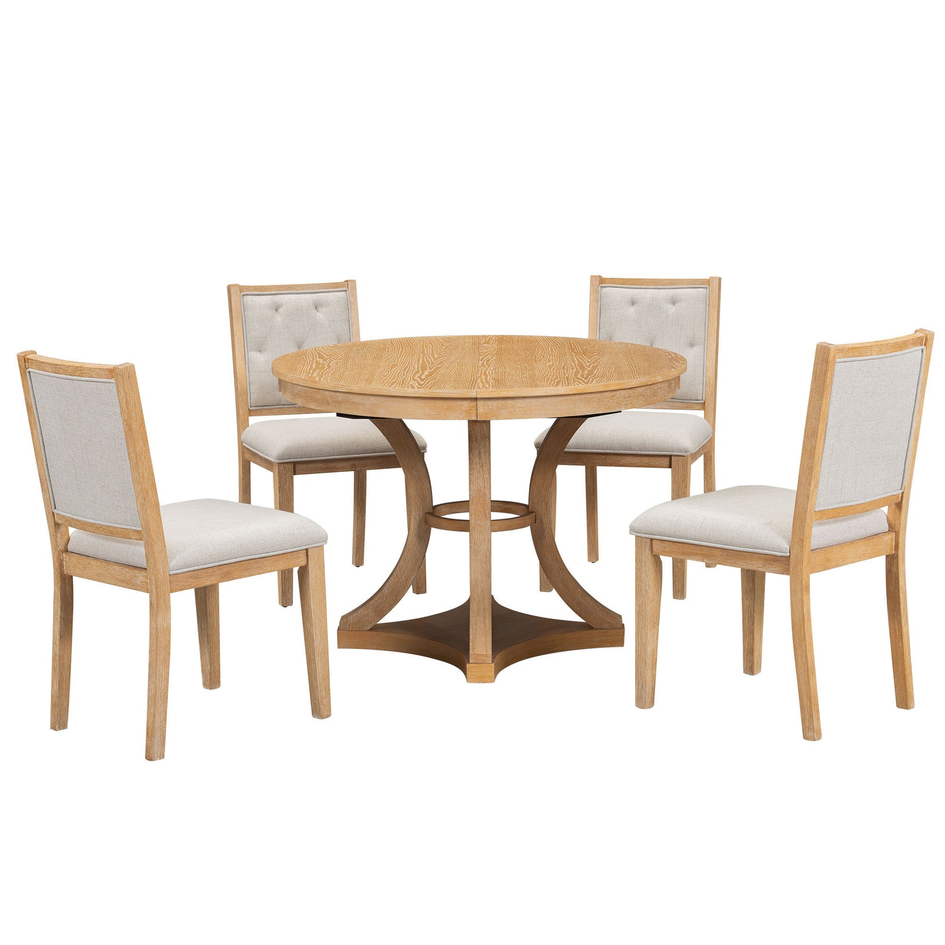 TREXM 5 - Piece Retro Functional Dining Table Set Extendable Round Table and 4 Upholstered Chairs for Dining Room and Living Room (Natural) - 1st Choice Furniture Direct