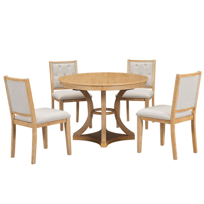 TREXM 5 - Piece Retro Functional Dining Table Set Extendable Round Table and 4 Upholstered Chairs for Dining Room and Living Room (Natural) - 1st Choice Furniture Direct
