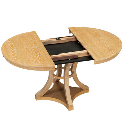 TREXM 5 - Piece Retro Functional Dining Table Set Extendable Round Table and 4 Upholstered Chairs for Dining Room and Living Room (Natural) - 1st Choice Furniture Direct