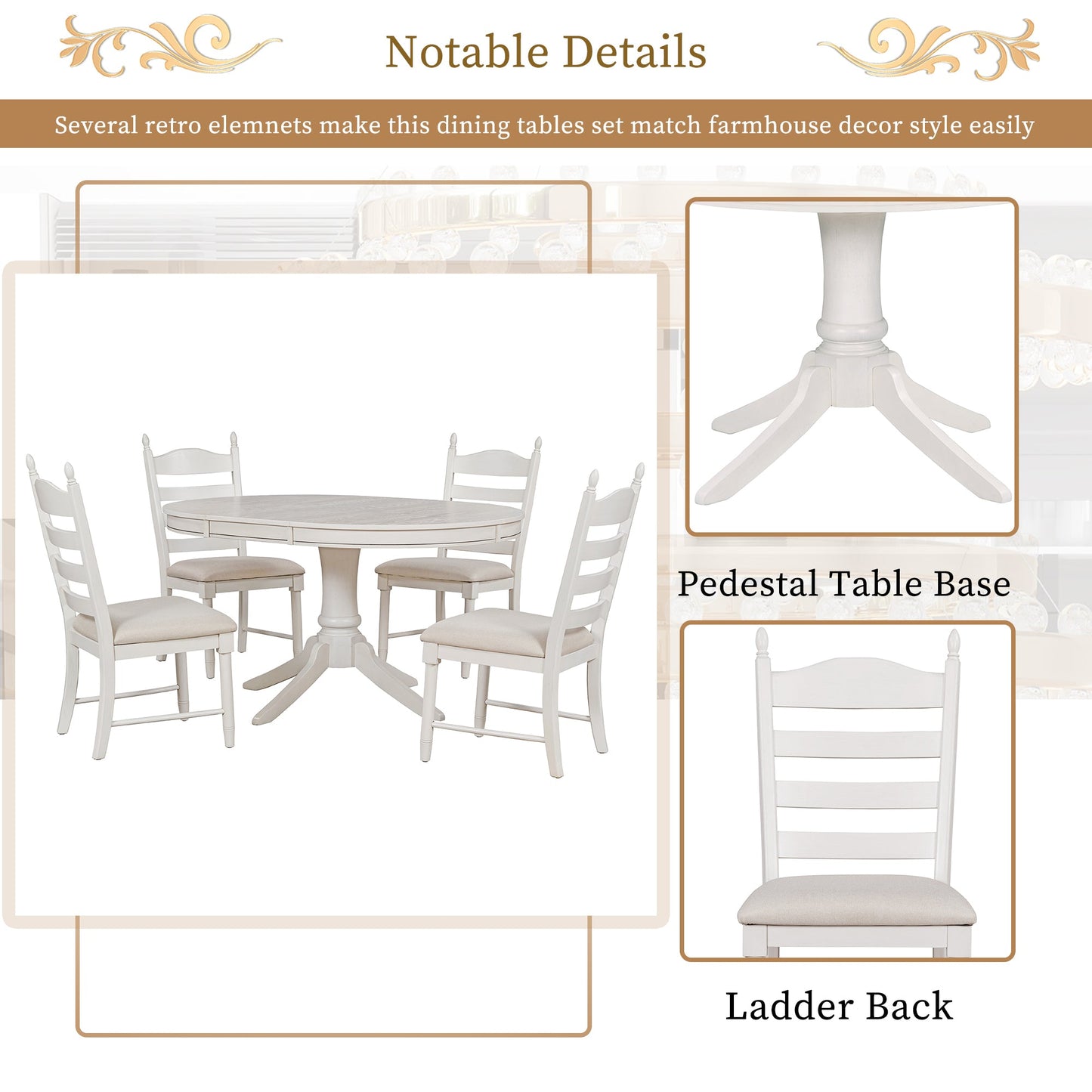 TREXM 5 - Piece Retro Functional Dining Table Set Wood Round Extendable Dining Table and 4 Upholstered Dining Chairs (Antique White) - 1st Choice Furniture Direct