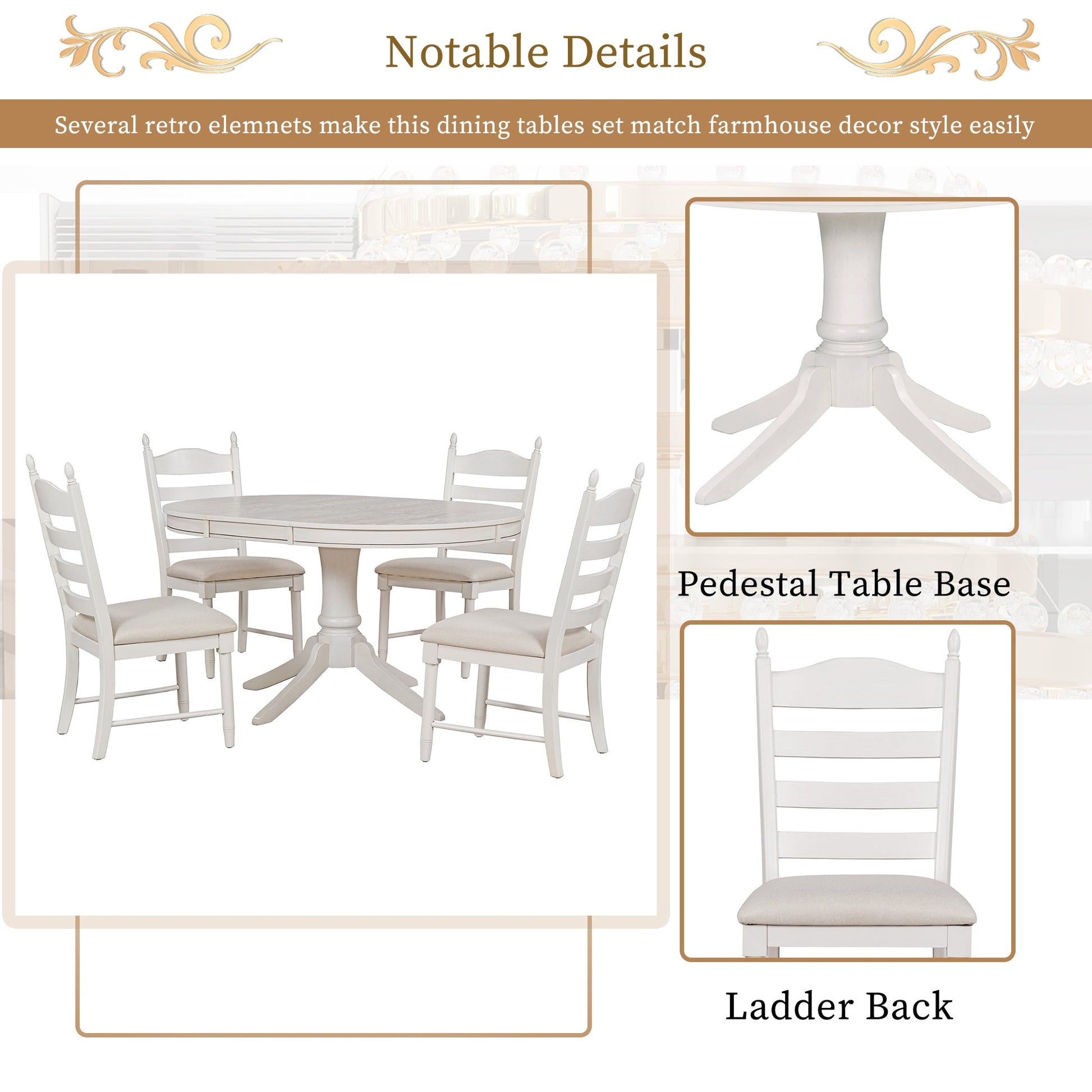 TREXM 5 - Piece Retro Functional Dining Table Set Wood Round Extendable Dining Table and 4 Upholstered Dining Chairs (Antique White) - 1st Choice Furniture Direct
