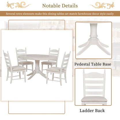 TREXM 5 - Piece Retro Functional Dining Table Set Wood Round Extendable Dining Table and 4 Upholstered Dining Chairs (Antique White) - 1st Choice Furniture Direct