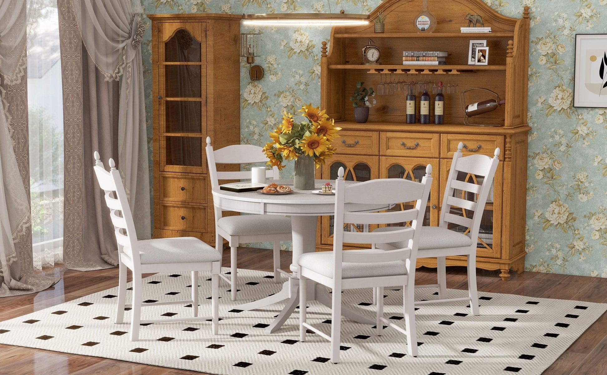 TREXM 5 - Piece Retro Functional Dining Table Set Wood Round Extendable Dining Table and 4 Upholstered Dining Chairs (Antique White) - 1st Choice Furniture Direct
