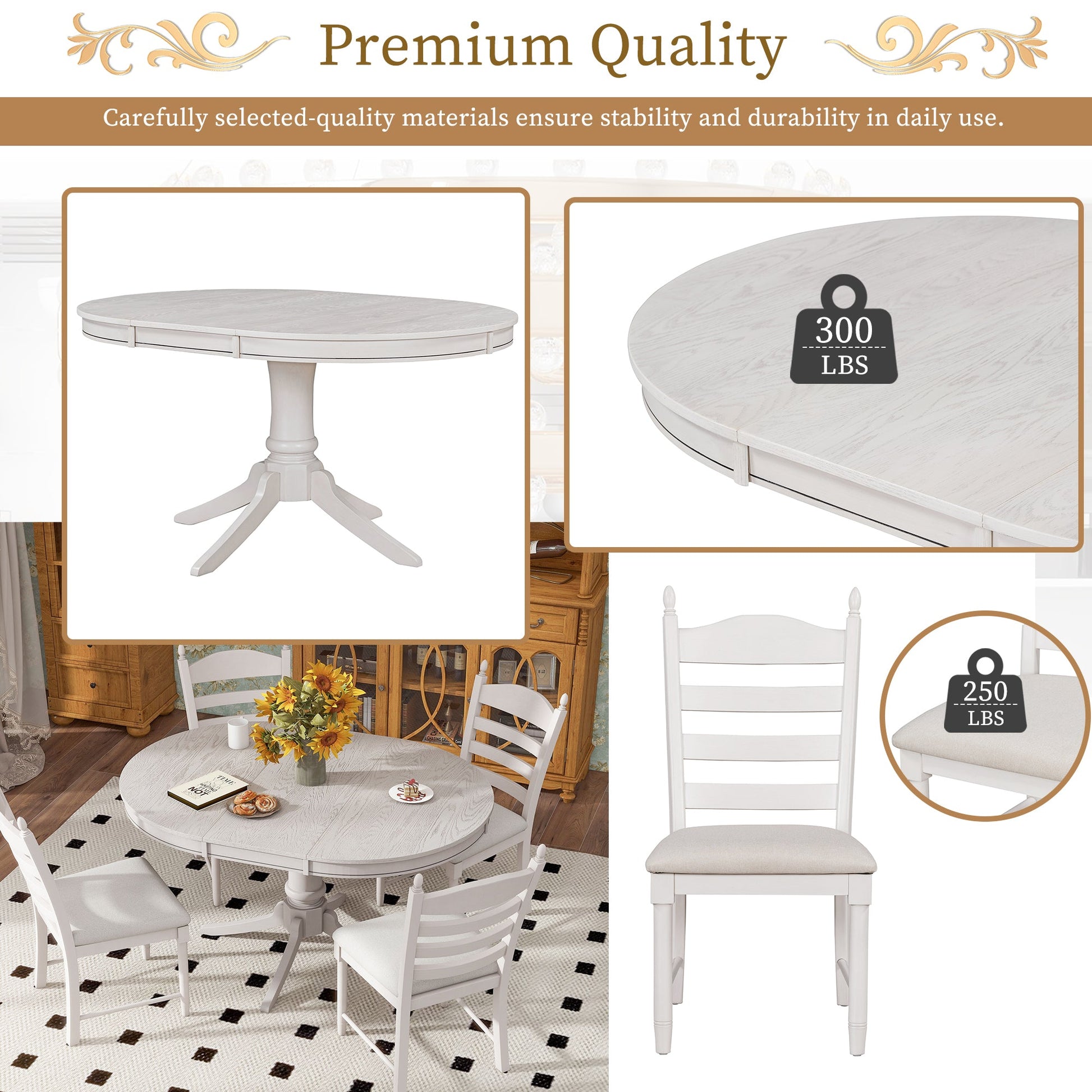TREXM 5 - Piece Retro Functional Dining Table Set Wood Round Extendable Dining Table and 4 Upholstered Dining Chairs (Antique White) - 1st Choice Furniture Direct