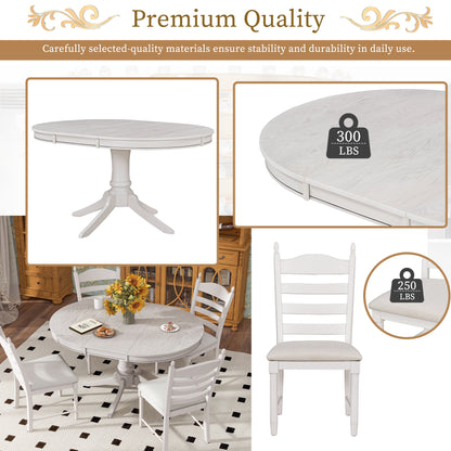 TREXM 5 - Piece Retro Functional Dining Table Set Wood Round Extendable Dining Table and 4 Upholstered Dining Chairs (Antique White) - 1st Choice Furniture Direct