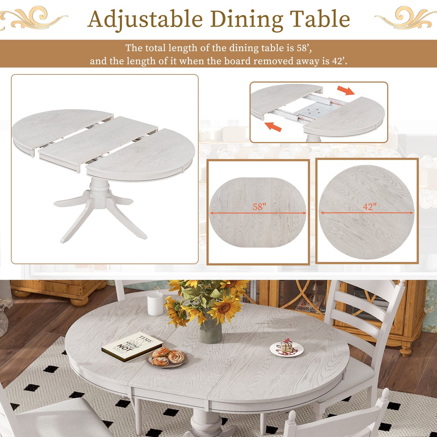 TREXM 5 - Piece Retro Functional Dining Table Set Wood Round Extendable Dining Table and 4 Upholstered Dining Chairs (Antique White) - 1st Choice Furniture Direct