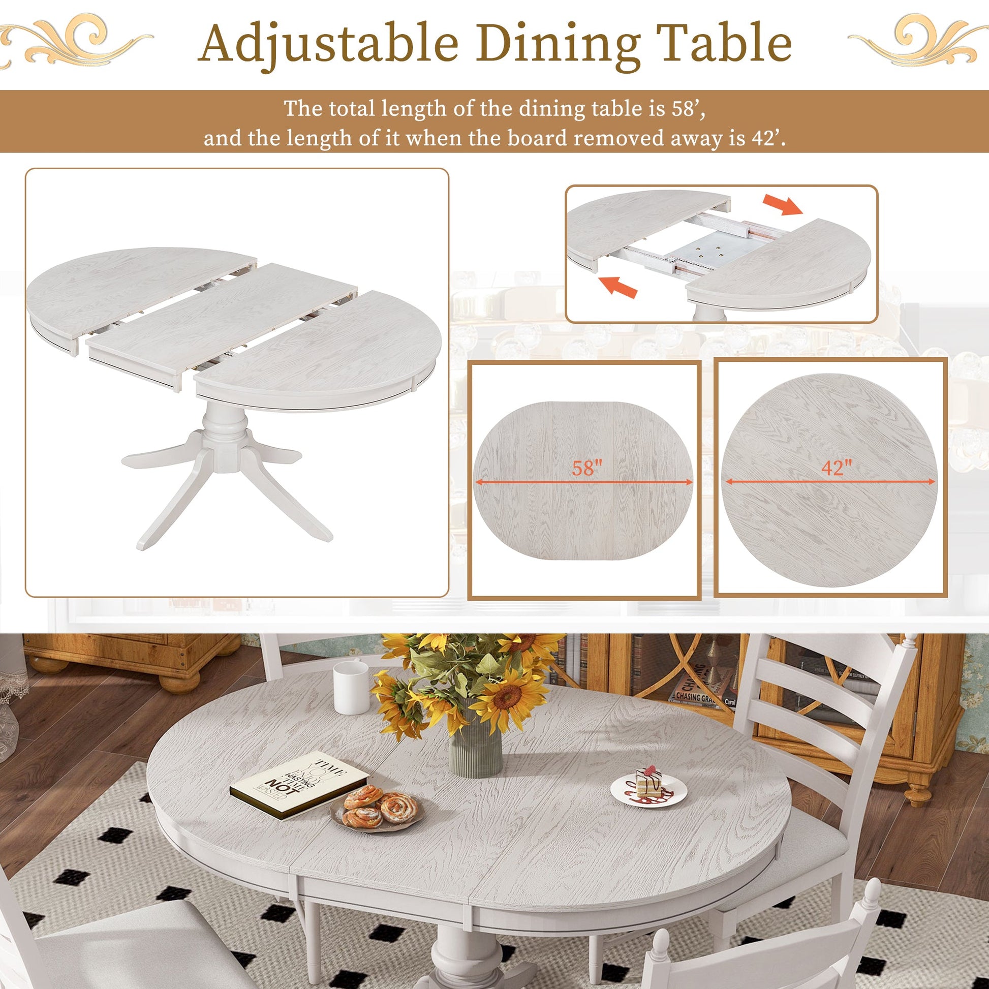 TREXM 5 - Piece Retro Functional Dining Table Set Wood Round Extendable Dining Table and 4 Upholstered Dining Chairs (Antique White) - 1st Choice Furniture Direct