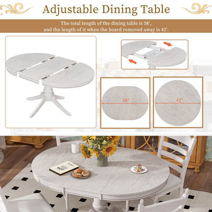 TREXM 5 - Piece Retro Functional Dining Table Set Wood Round Extendable Dining Table and 4 Upholstered Dining Chairs (Antique White) - 1st Choice Furniture Direct