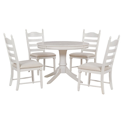 TREXM 5 - Piece Retro Functional Dining Table Set Wood Round Extendable Dining Table and 4 Upholstered Dining Chairs (Antique White) - 1st Choice Furniture Direct