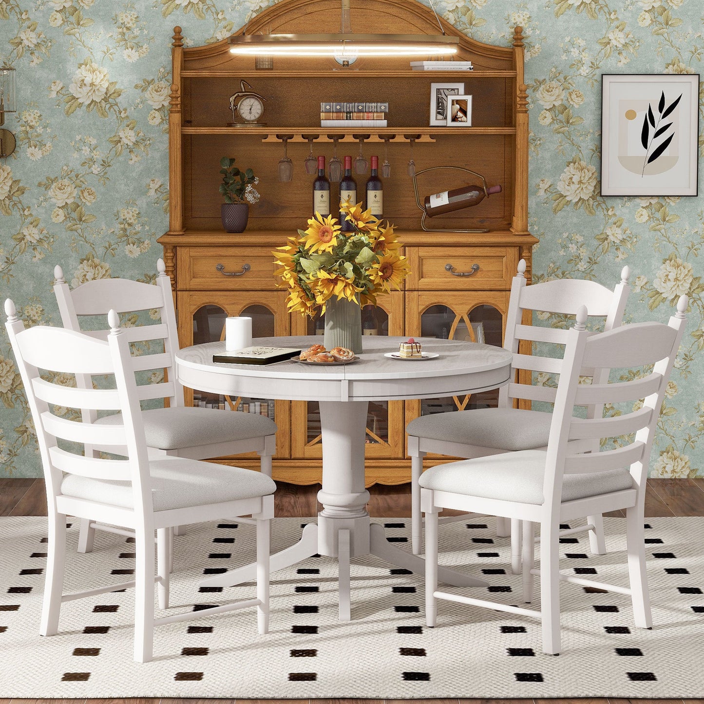 TREXM 5 - Piece Retro Functional Dining Table Set Wood Round Extendable Dining Table and 4 Upholstered Dining Chairs (Antique White) - 1st Choice Furniture Direct