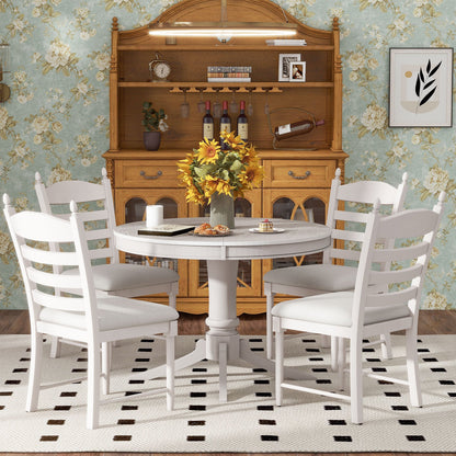 TREXM 5 - Piece Retro Functional Dining Table Set Wood Round Extendable Dining Table and 4 Upholstered Dining Chairs (Antique White) - 1st Choice Furniture Direct