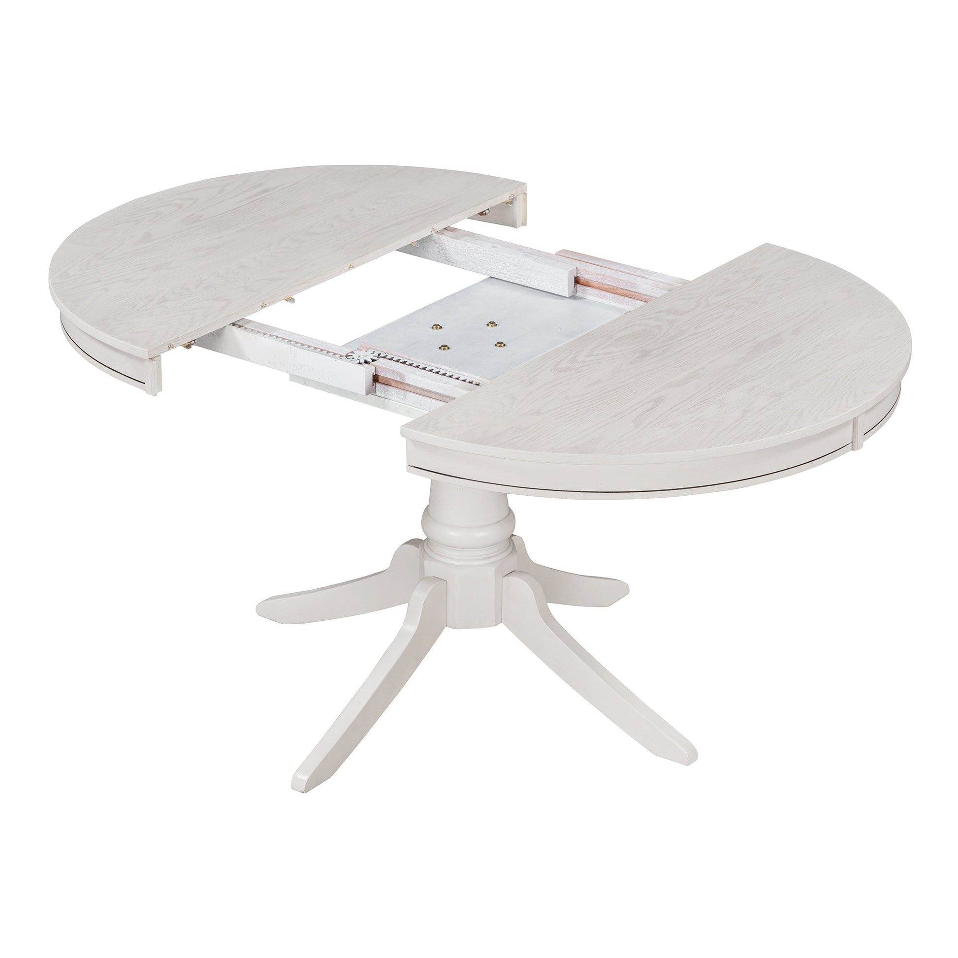 TREXM 5 - Piece Retro Functional Dining Table Set Wood Round Extendable Dining Table and 4 Upholstered Dining Chairs (Antique White) - 1st Choice Furniture Direct