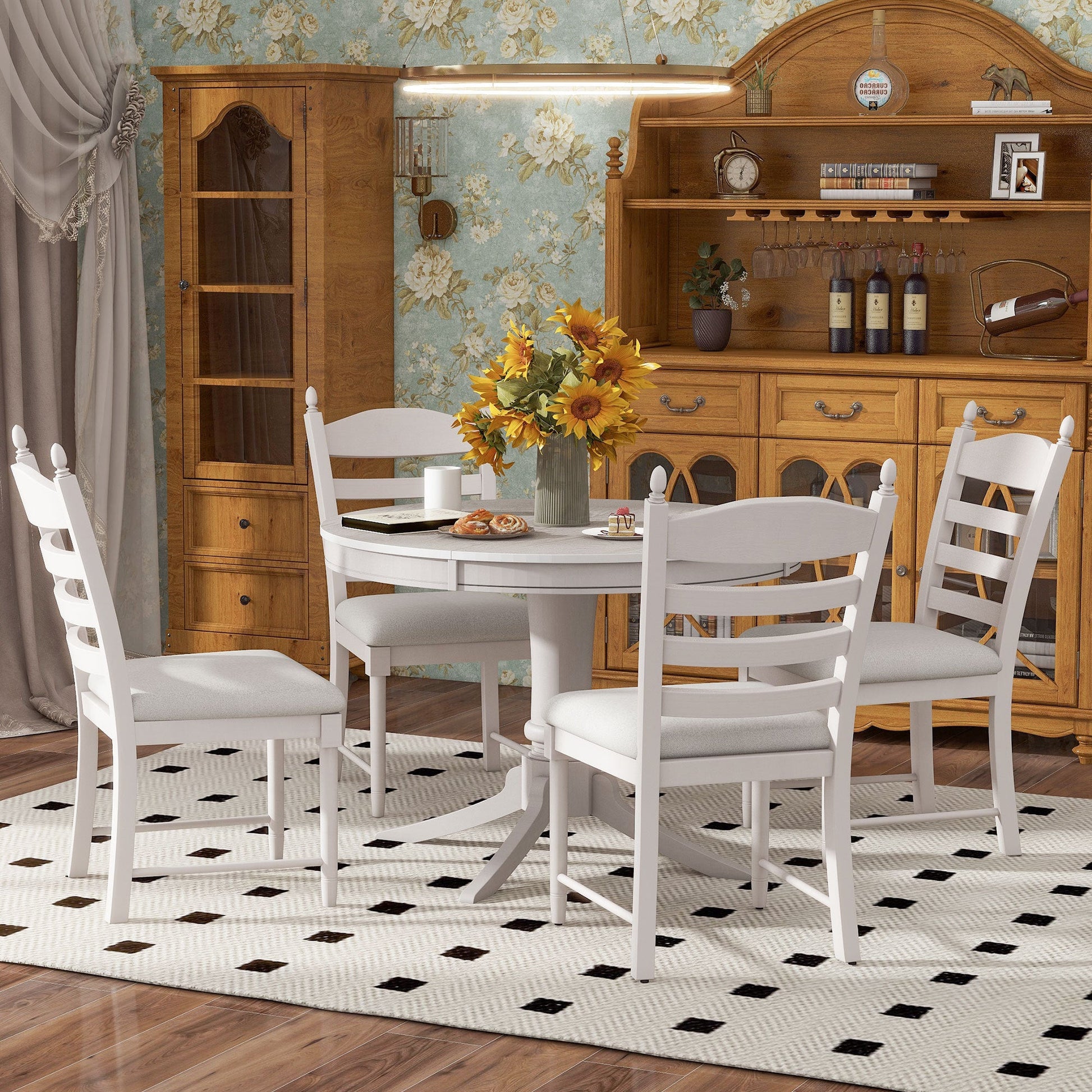 TREXM 5 - Piece Retro Functional Dining Table Set Wood Round Extendable Dining Table and 4 Upholstered Dining Chairs (Antique White) - 1st Choice Furniture Direct