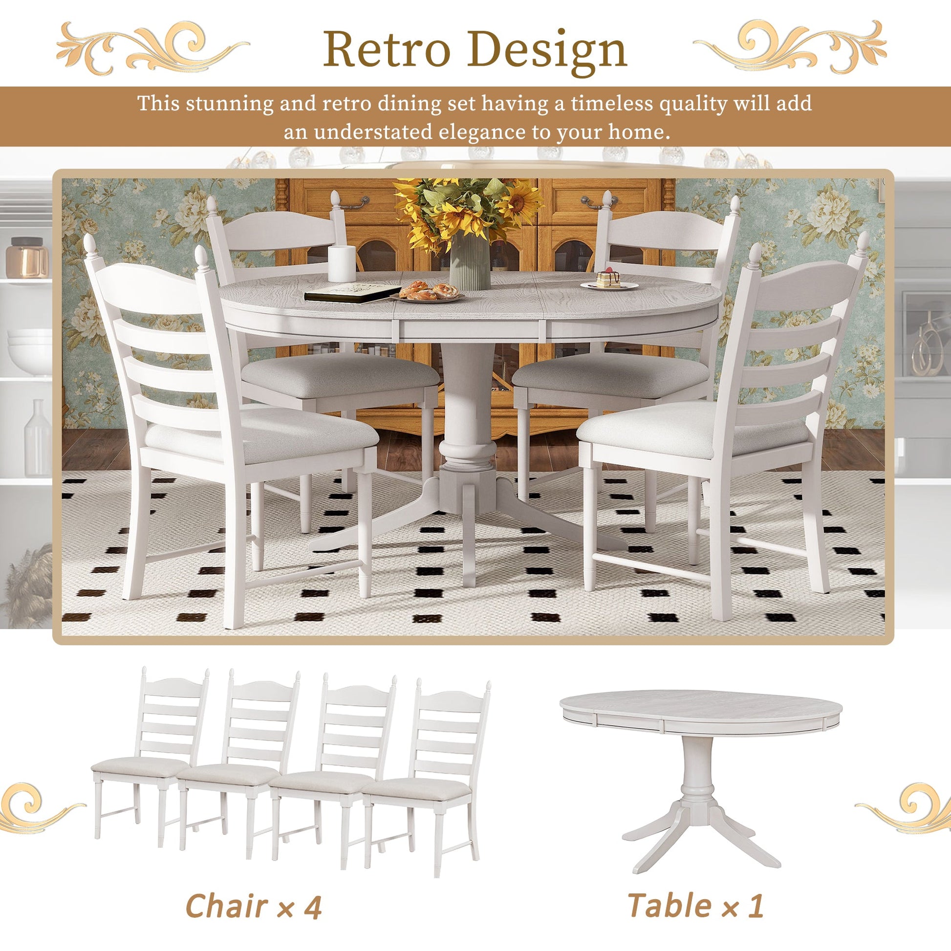 TREXM 5 - Piece Retro Functional Dining Table Set Wood Round Extendable Dining Table and 4 Upholstered Dining Chairs (Antique White) - 1st Choice Furniture Direct
