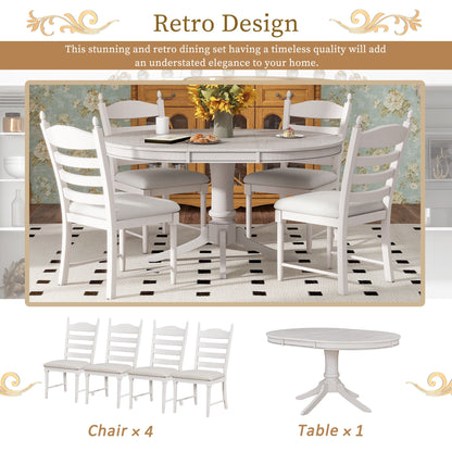 TREXM 5 - Piece Retro Functional Dining Table Set Wood Round Extendable Dining Table and 4 Upholstered Dining Chairs (Antique White) - 1st Choice Furniture Direct