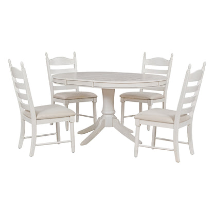 TREXM 5 - Piece Retro Functional Dining Table Set Wood Round Extendable Dining Table and 4 Upholstered Dining Chairs (Antique White) - 1st Choice Furniture Direct