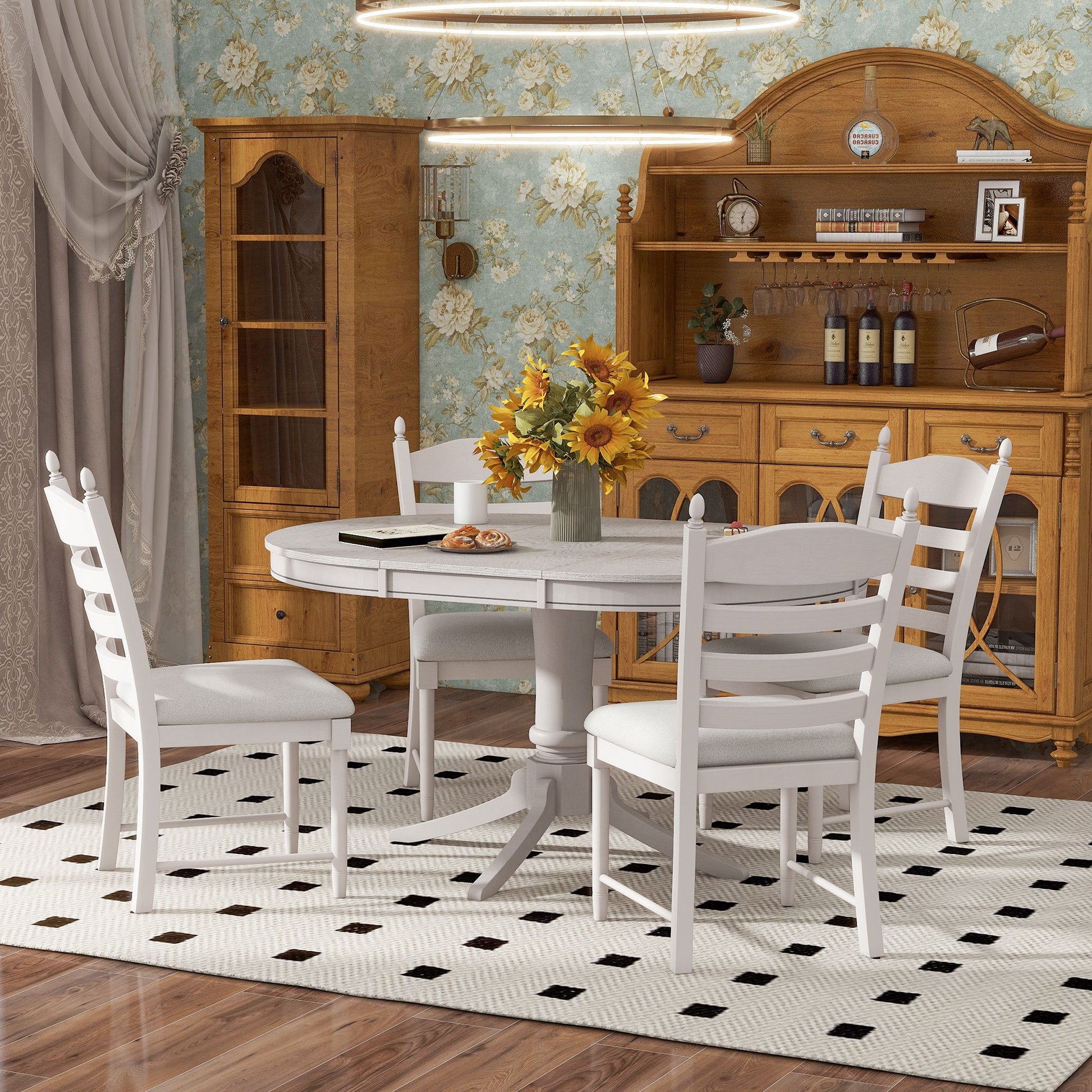 TREXM 5 - Piece Retro Functional Dining Table Set Wood Round Extendable Dining Table and 4 Upholstered Dining Chairs (Antique White) - 1st Choice Furniture Direct