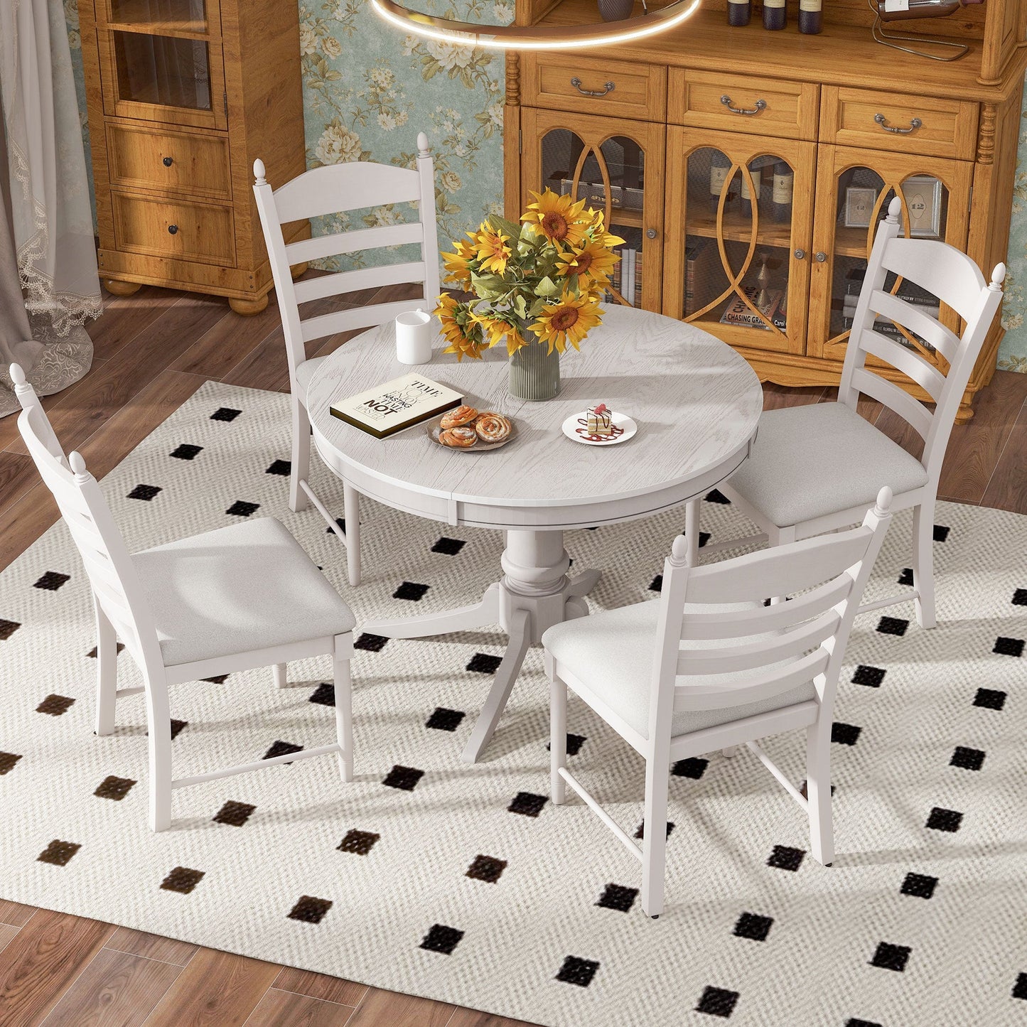 TREXM 5 - Piece Retro Functional Dining Table Set Wood Round Extendable Dining Table and 4 Upholstered Dining Chairs (Antique White) - 1st Choice Furniture Direct