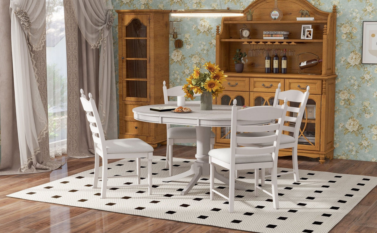 TREXM 5 - Piece Retro Functional Dining Table Set Wood Round Extendable Dining Table and 4 Upholstered Dining Chairs (Antique White) - 1st Choice Furniture Direct