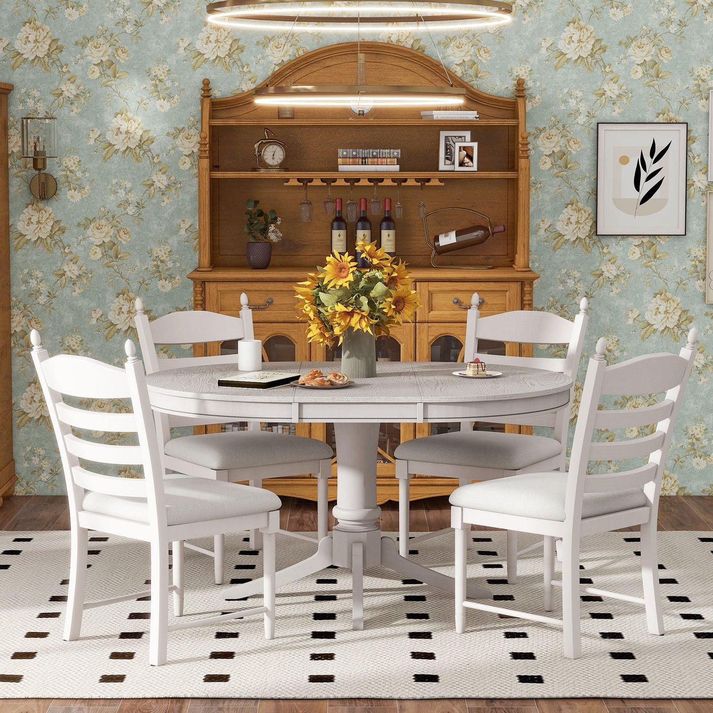 TREXM 5 - Piece Retro Functional Dining Table Set Wood Round Extendable Dining Table and 4 Upholstered Dining Chairs (Antique White) - 1st Choice Furniture Direct