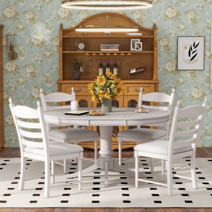 TREXM 5 - Piece Retro Functional Dining Table Set Wood Round Extendable Dining Table and 4 Upholstered Dining Chairs (Antique White) - 1st Choice Furniture Direct