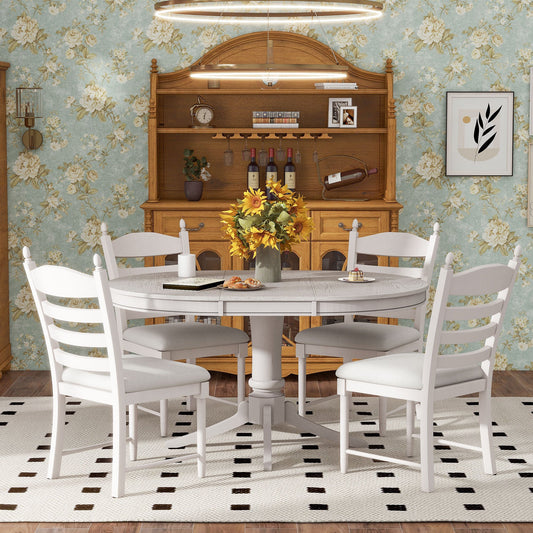 TREXM 5 - Piece Retro Functional Dining Table Set Wood Round Extendable Dining Table and 4 Upholstered Dining Chairs (Antique White) - 1st Choice Furniture Direct