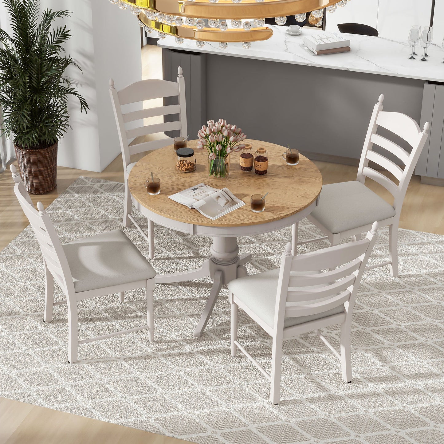 TREXM 5 - Piece Retro Functional Dining Table Set Wood Round Extendable Dining Table and 4 Upholstered Dining Chairs (Off White) - 1st Choice Furniture Direct