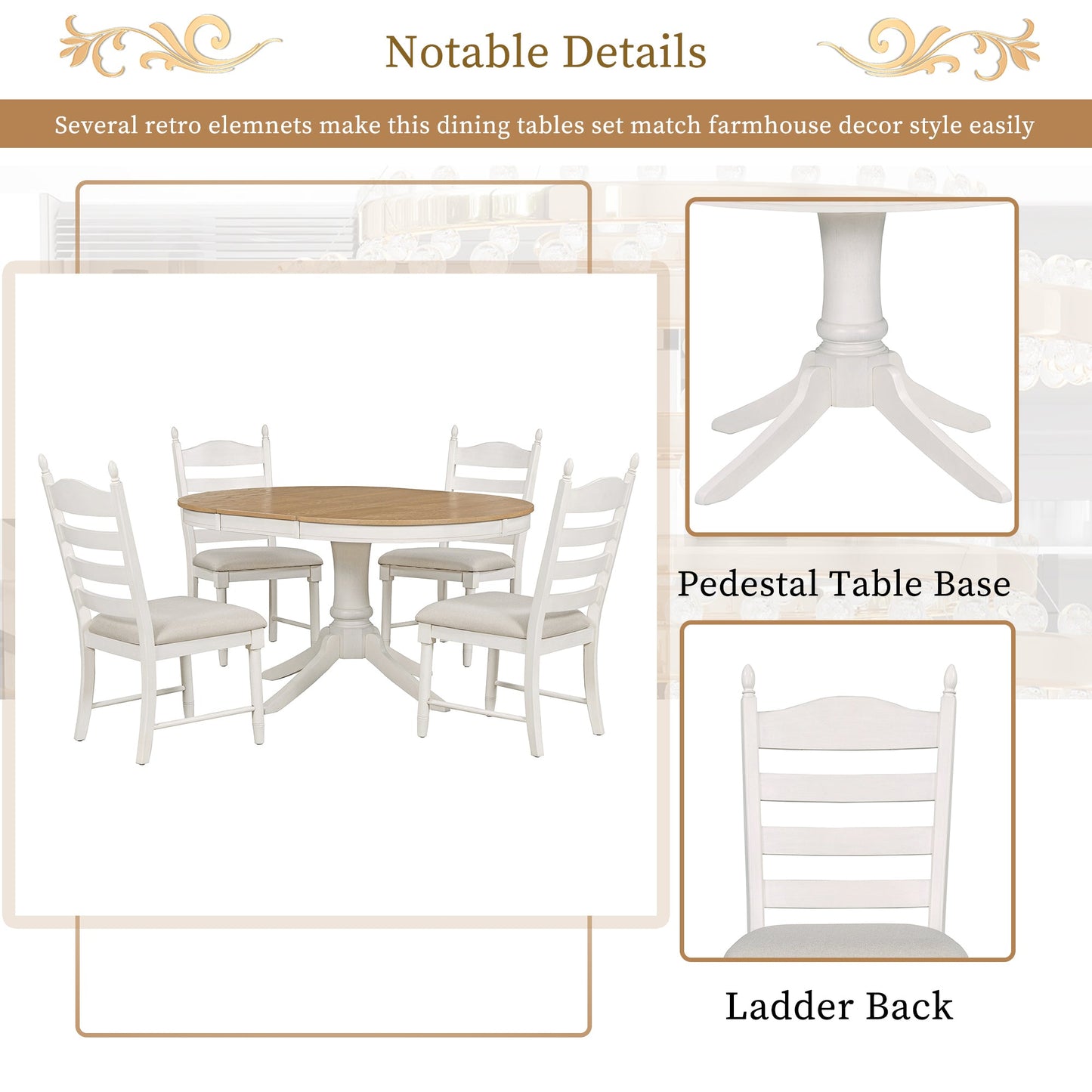 TREXM 5 - Piece Retro Functional Dining Table Set Wood Round Extendable Dining Table and 4 Upholstered Dining Chairs (Off White) - 1st Choice Furniture Direct