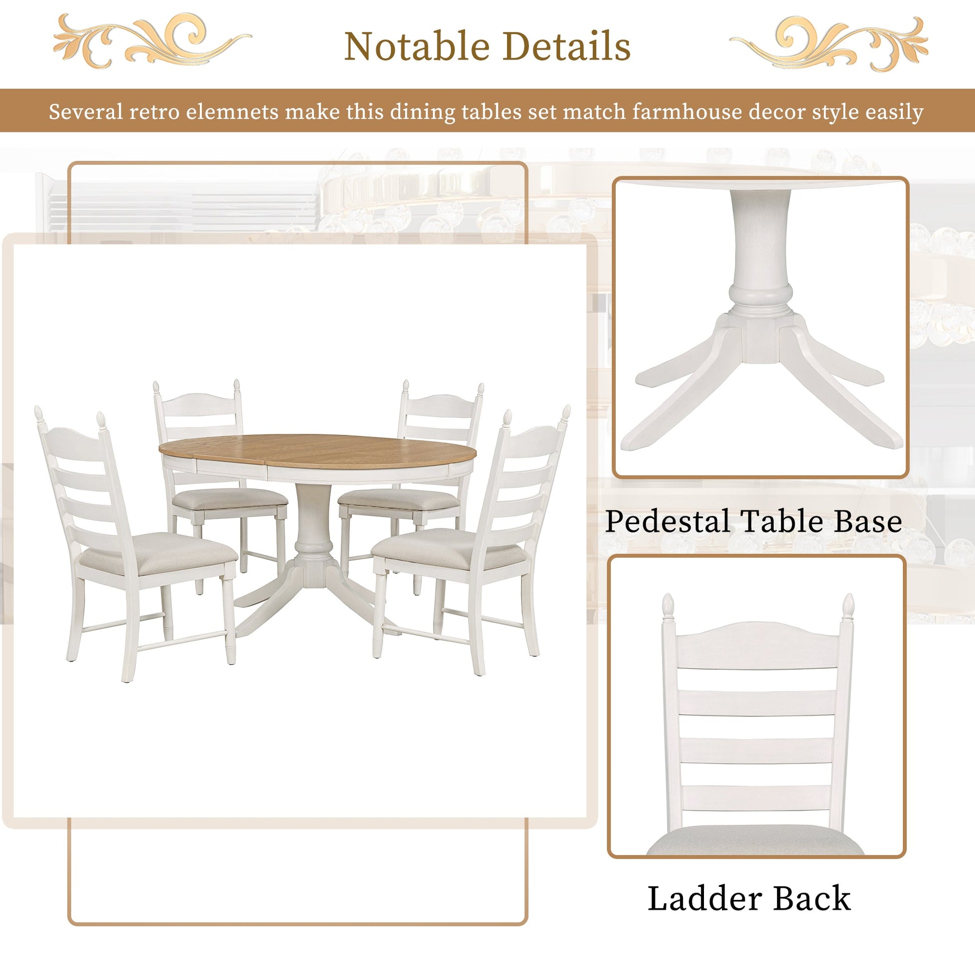TREXM 5 - Piece Retro Functional Dining Table Set Wood Round Extendable Dining Table and 4 Upholstered Dining Chairs (Off White) - 1st Choice Furniture Direct