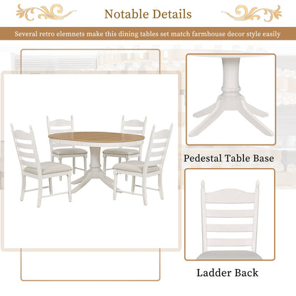 TREXM 5 - Piece Retro Functional Dining Table Set Wood Round Extendable Dining Table and 4 Upholstered Dining Chairs (Off White) - 1st Choice Furniture Direct