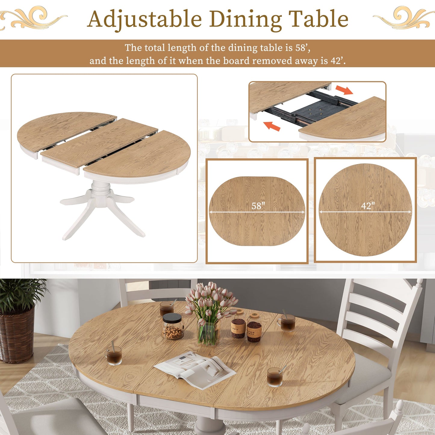TREXM 5 - Piece Retro Functional Dining Table Set Wood Round Extendable Dining Table and 4 Upholstered Dining Chairs (Off White) - 1st Choice Furniture Direct