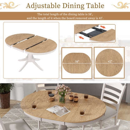 TREXM 5 - Piece Retro Functional Dining Table Set Wood Round Extendable Dining Table and 4 Upholstered Dining Chairs (Off White) - 1st Choice Furniture Direct